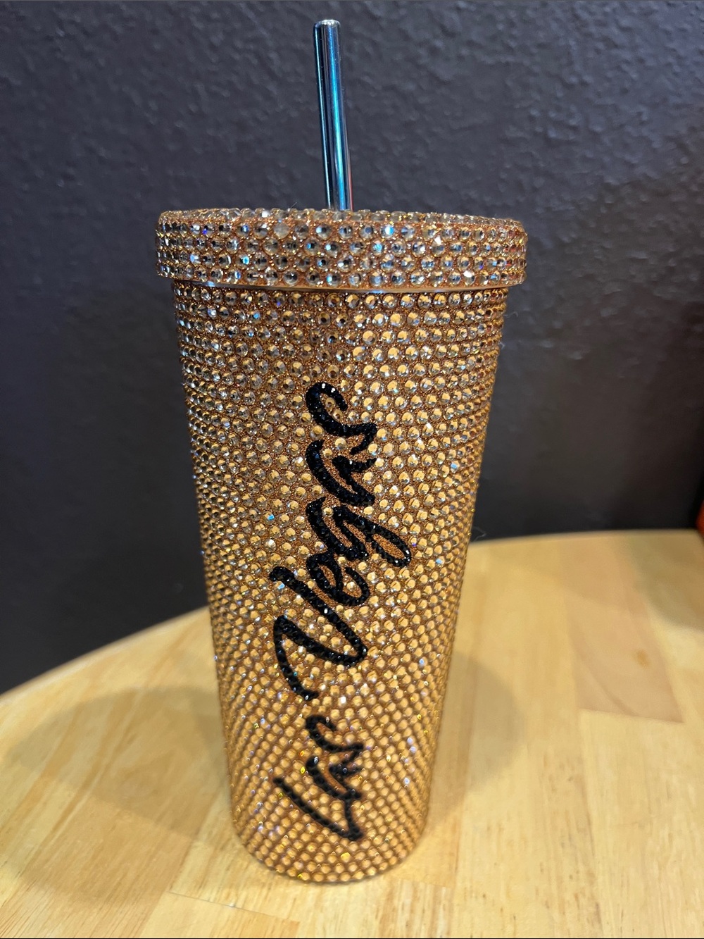 Embellished Gold Crystal Tumbler with Straw